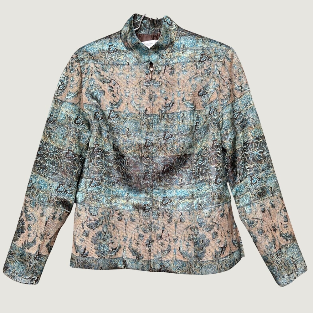 Vintage Y2K 90s Abstract Art Jacquard Pattern Button Front Jacket PM Womens Blue